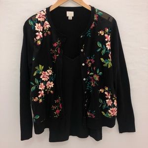 A New Day Black Floral Cardigan Tank Set Sz L